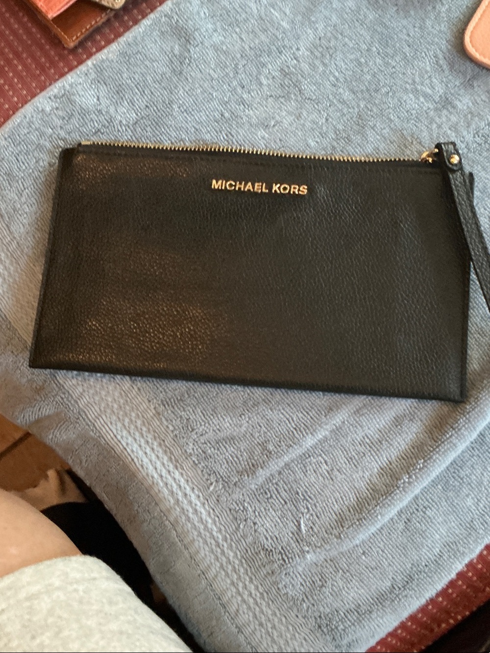 Michael Kors Black Leather Zip Wristlet Pouch with Gold Logo